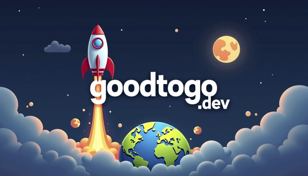 A rocketship blasting off from a tiny earth with the goodtogo.dev logo in the foreground