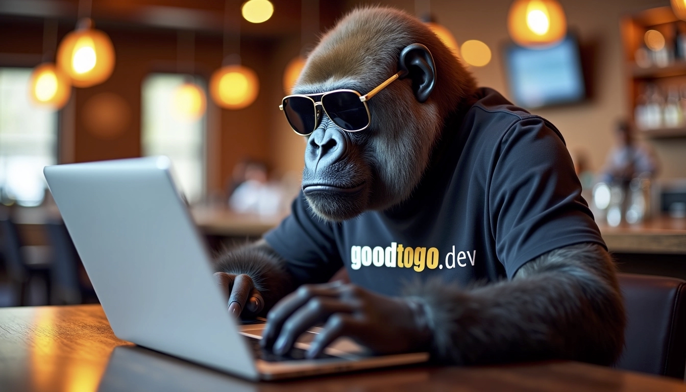 A goodtogo gorilla coding on his laptop